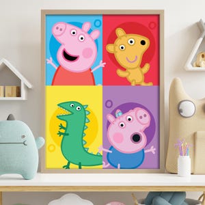 Puede incluir: Una lámina infantil enmarcada con cuatro personajes de dibujos animados: un cerdo rosa, una criatura amarilla parecida a un perro, un dinosaurio verde y otro cerdo rosa. Cada personaje está sobre un fondo colorido azul, rojo, amarillo y morado.