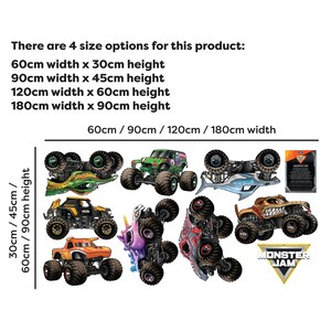May include: Monster Jam wall decals featuring various monster trucks in different colors and designs. The decals are available in four sizes: 60cm x 30cm, 90cm x 45cm, 120cm x 60cm, and 180cm x 90cm.