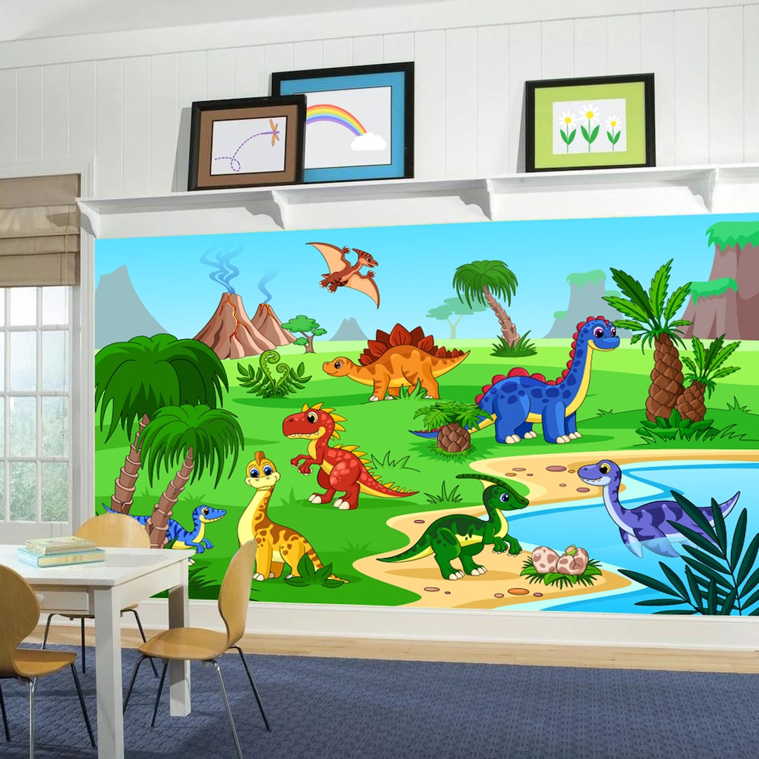 Dinosaur Wall Mural - Colourful Cartoon Dinosaur Land Full Wall Mural ...