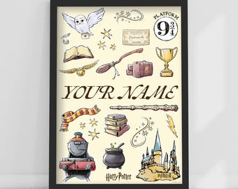 HARRY POTTER™-afdruk – aquarelpictogrammen gepersonaliseerde naamposter muurkunst