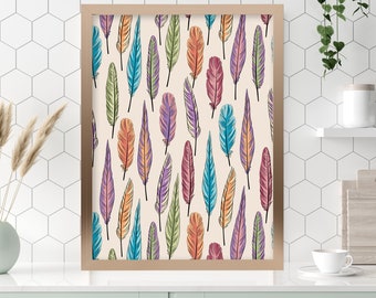 Impresión de pared boho - Arte de pared de cartel de plumas repetidas abstractas