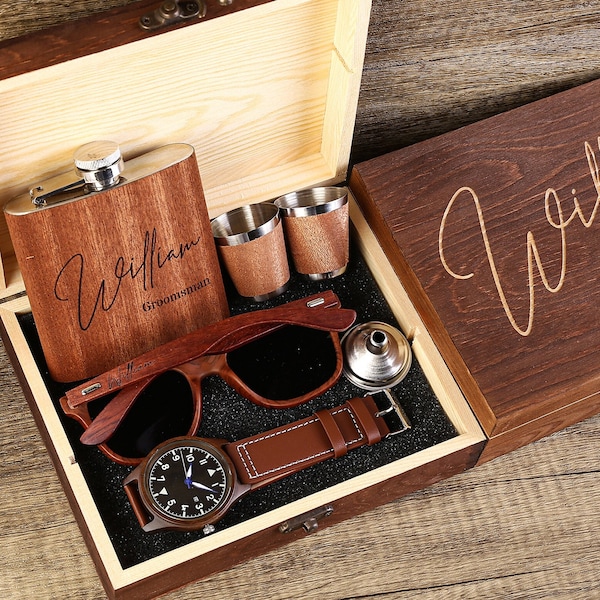 Groomsmen Proposal Gift, Flask Gift Set, Mens Watch, Sunglasses in Custom Groomsmen Gift Box, Groomsmen Gift Idea, Best Man Gift