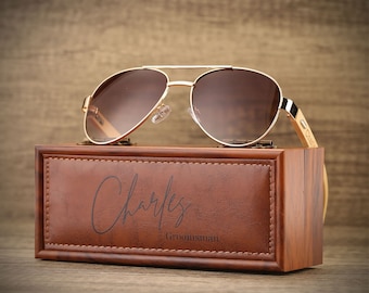 Personalized Aviator Sunglasses with Wooden Temples & Printed Box