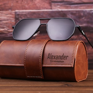 Gegraveerde herenzonnebril met leren doos voor huwelijksfeest, gepersonaliseerd herencadeau, unisex zonnebril, bruidsjonkers cadeau, bruidegom cadeau, papa cadeau