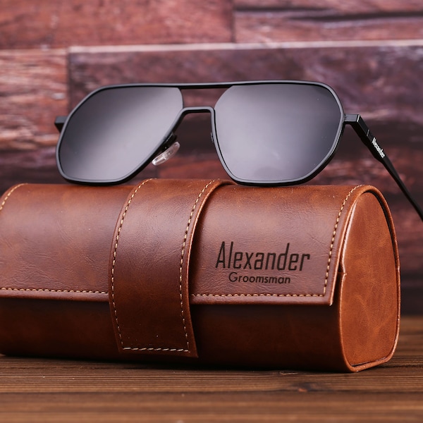 Gravierte Herrensonnenbrille mit Lederbox für Hochzeitsfeier, personalisiertes Herrengeschenk, Unisex-Sonnenbrille, Trauzeugengeschenk, Bräutigamgeschenk, Vatergeschenk