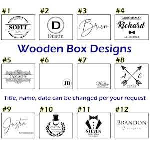 Op de afbeelding: Twaalf verschillende ontwerpen voor houten dozen, elk met een andere naam, datum en ontwerp. De ontwerpen omvatten een cirkel met een letter D, een cirkel met de initialen JB, een cirkel met de naam Scott, een ontwerp met twee pijlen, een ontwerp met een smoking, een ontwerp met een hoge hoed en een ontwerp met een naam en het woord "Groomsman".