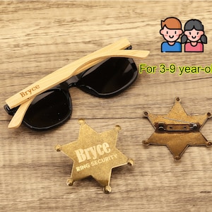 Junior Groomsman gift set, Ring Bearer Sunglasses & Badge, Kids Flower Girl Sunglasses, Page Boy Sunglasses, Ring Bearer Ring Security Gift