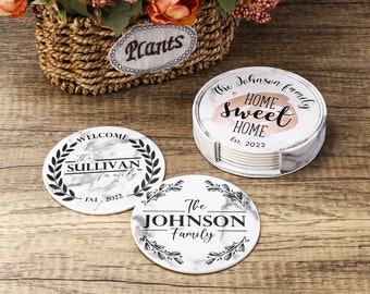 Set of 6 Custom Housewarming Gift, Personalized Leather Coasters with Holder, New Home Gift Idea, Wedding Gift, Wedding Favors Coasters