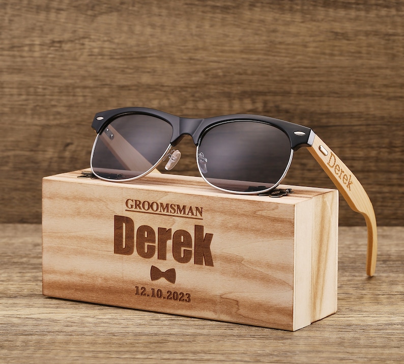 Personalized bamboo Wood Wooden Sunglasses, Engraved Unisex Sunglasses, Mens Sunglasses, Mens Gift, Groomsmen Gift, Bachelorette Sunglasses image 1