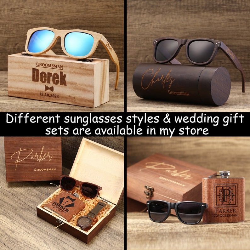 Personalized Polarized Wooden Sunglasses, Wooden Cylinder Sunglasses Box, Engraved Unisex Sunglasses, Wood Box, Mens Gift, Groomsmen Gift image 9