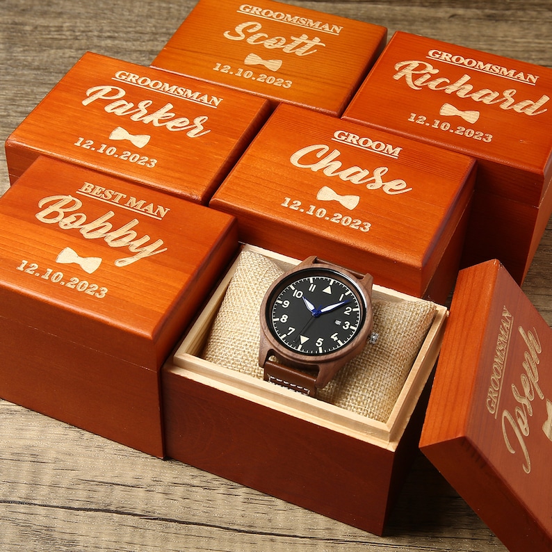 Groomsmen Watch, Personalized Walnut Wooden Date Watches, Mens Watch with Wooden Box, Groomsmen Proposal Gifts, Groomsman Gift, Mens Gift image 3