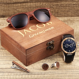 Cadeau-ideeën stalknecht, gepersonaliseerd horloge, manchetknopen, houten zonnebril in geschenkdoos stalknecht, cadeau stalknecht, cadeau getuige, cadeau getuige, herencadeau