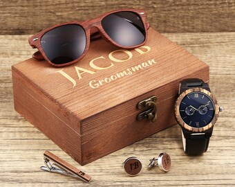 Groomsman Gift Ideas, Personalized Watch, Cufflinks, Wooden Sunglasses in Groomsmen Gift Box, Groomsmen Gift, Best Man Gift, Mens Gift