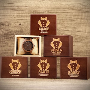 Groomsmen-horloge, gepersonaliseerd notenhouten horloge, cadeaus bruidsjonkers voorstel, optionele horlogedoos, custom stalknecht cadeau, cadeau getuige