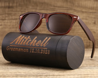 Personalisierte polarisierte Walnussholz-Sonnenbrille, Zylinder-Sonnenbrillen-Box, gravierte Unisex-Sonnenbrille, Trauzeugen-Geschenk, Männergeschenk, Trauzeugen-Geschenk