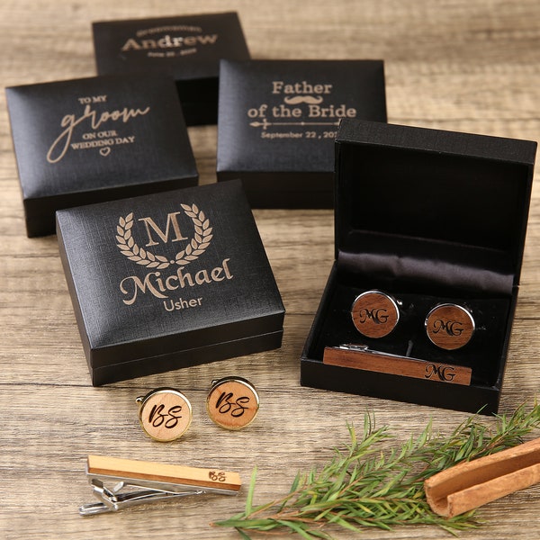 wooden cufflinks and tie clip