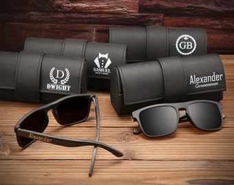 Grawerowane drewniane okulary przeciwsłoneczne w skórzanym pudełku, spersonalizowane okulary przeciwsłoneczne unisex, prezent dla mężczyzny, prezent dla drużby, okulary przeciwsłoneczne dla drużby, prezent dla pana młodego