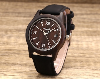 Personalized Ebony Wooden Watch with Optional Wooden Box, Engraved Watch, Custom Groomsman Gift, Best Man Gift, Father Gift, Mens Gift