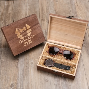 Groomsman Gift Set, Personalized Wooden Watch, Wooden Sunglasses in Wooden Groomsmen Gift Box, Groomsmen Gift, Best Man Gift, Mens Gift