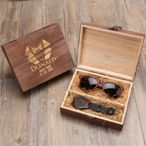 Groomsman Gift Set, Personalized Wooden Watch, Wooden Sunglasses in Wooden Groomsmen Gift Box, Groomsmen Gift, Best Man Gift, Mens Gift