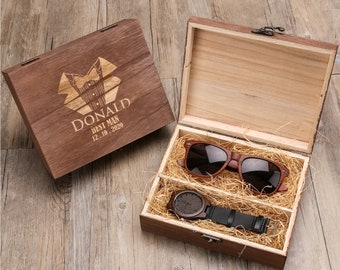 Groomsman Gift Set, Personalized Wooden Watch, Wooden Sunglasses in Wooden Groomsmen Gift Box, Groomsmen Gift, Best Man Gift, Mens Gift