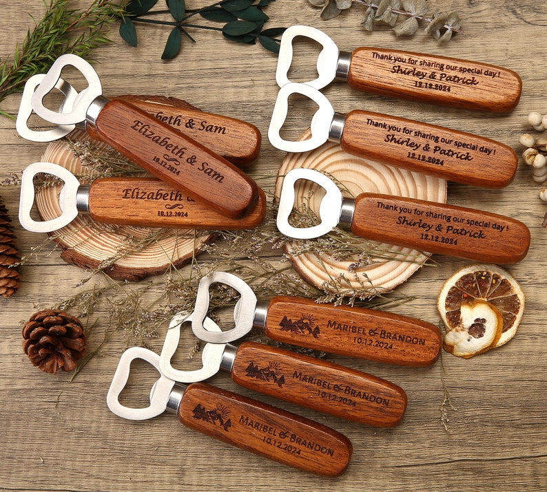 5 10 50 Bulk Custom Wooden Bottle Opener, Wedding Favors for Guests, Personalized Groomsmen Gift, Party Favors, Business Promotional Items image 5