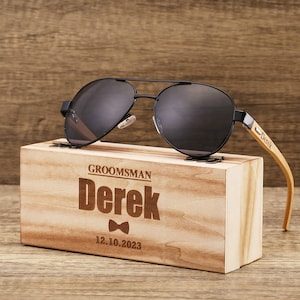 Gepersonaliseerde houten zonnebril, gegraveerde unisex zonnebril, optionele houten kist, herencadeau, cadeau bruidsjonkers, vrijgezellenzonnebril