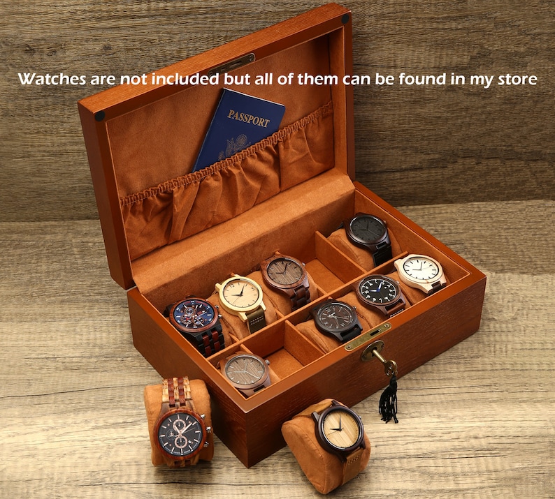 Gepersonaliseerde horlogedoos met slot en sleutel, cadeau voor papa, gegraveerde houten horlogekast, horlogedoos voor mannen, herencadeau, jubileumcadeau afbeelding 5