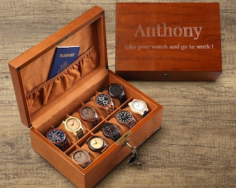 Caja de reloj con llave y cerradura para hombre, Caja de reloj personalizada, Caja de reloj de madera grabada, Regalo para hombre, Regalo para papá, Regalo de aniversario