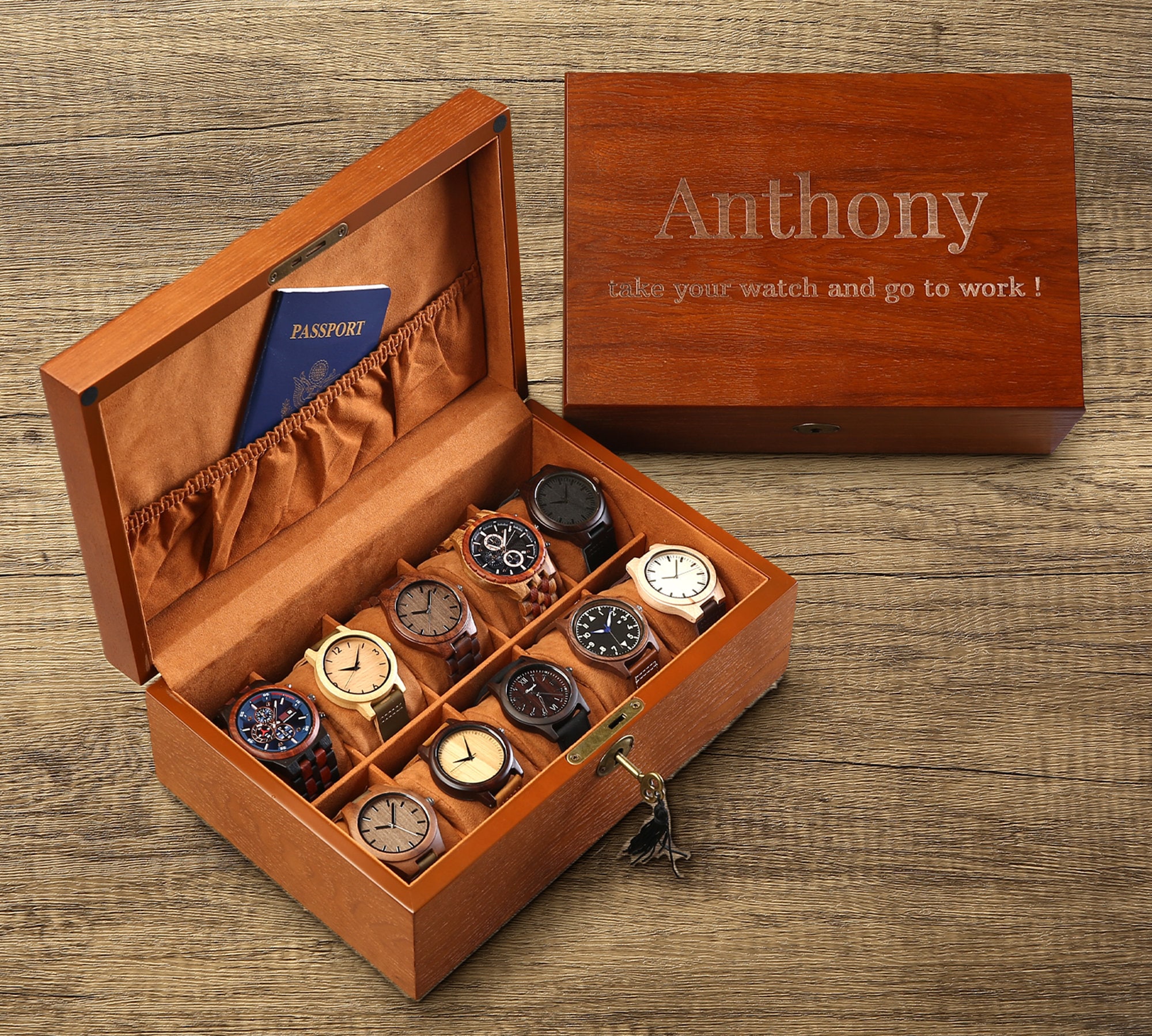 Watch Case with Key and Lock for Men, Personalized Watch Box, Engraved Wooden Watch Case, Mens Gift, Gift for Dad, Anniversary Gift