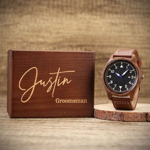 Groomsmen Watch, Personalized Walnut Wooden Date Watches, Mens Watch with Wooden Box, Groomsmen Proposal Gifts, Groomsman Gift, Mens Gift