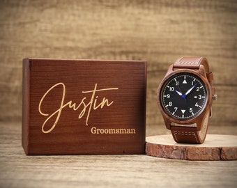 Groomsmen Watch, Personalized Walnut Wooden Date Watches, Mens Watch with Wooden Box, Groomsmen Proposal Gifts, Groomsman Gift, Mens Gift