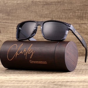 Personalized Polarized Wooden Sunglasses, Wooden Cylinder Sunglasses Box, Engraved Unisex Sunglasses, Wood Box, Mens Gift, Groomsmen Gift image 1