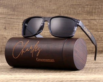 Gafas de sol de madera polarizadas personalizadas, caja de gafas de sol cilíndricas de madera, gafas de sol unisex grabadas, caja de madera, regalo para hombres, regalo de padrinos