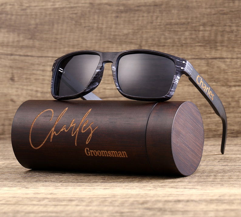 Personalized Polarized Wooden Sunglasses, Wooden Cylinder Sunglasses Box, Engraved Unisex Sunglasses, Wood Box, Mens Gift, Groomsmen Gift image 1