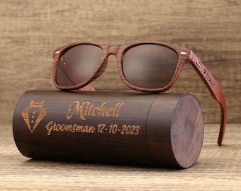 Personalized Walnut Wooden Sunglasses, Wooden Cylinder Sunglasses Box, Engraved Unisex Sunglasses, Wooden Box, Mens Gift, Groomsmen Gift