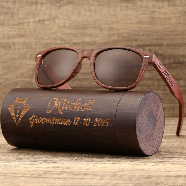 Personalisierte Walnuss-Holz-Sonnenbrille, hölzerne Zylinder-Sonnenbrillen-Box, gravierte Unisex-Sonnenbrille, Holzbox, Herrengeschenk, Trauzeugengeschenk