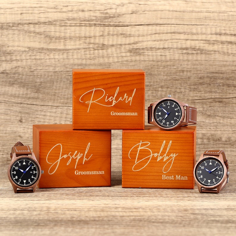Groomsmen Watch, Personalized Walnut Wooden Date Watches, Mens Watch with Wooden Box, Groomsmen Proposal Gifts, Groomsman Gift, Mens Gift image 4