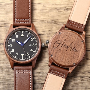 Groomsmen Watch, Personalized Walnut Wooden Date Watches, Mens Watch with Wooden Box, Groomsmen Proposal Gifts, Groomsman Gift, Mens Gift