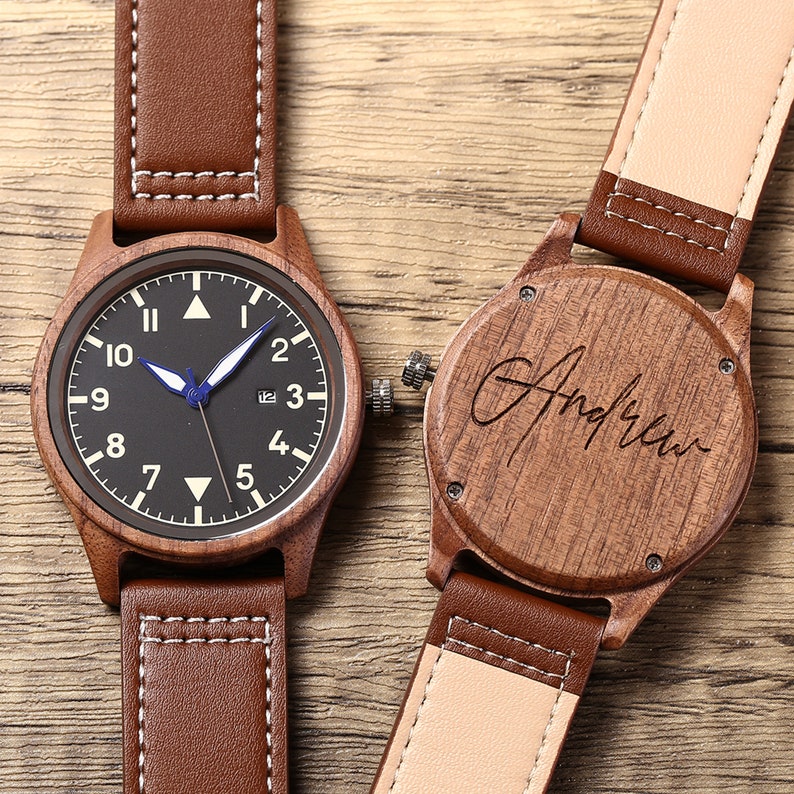 Groomsmen Watch, Personalized Walnut Wooden Date Watches, Mens Watch with Wooden Box, Groomsmen Proposal Gifts, Groomsman Gift, Mens Gift image 1