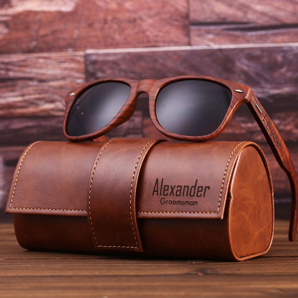 Gafas de sol de madera personalizadas con caja de cuero, gafas de sol unisex grabadas, regalo para hombres, regalo de padrinos, gafas de sol de padrinos, regalo de novios