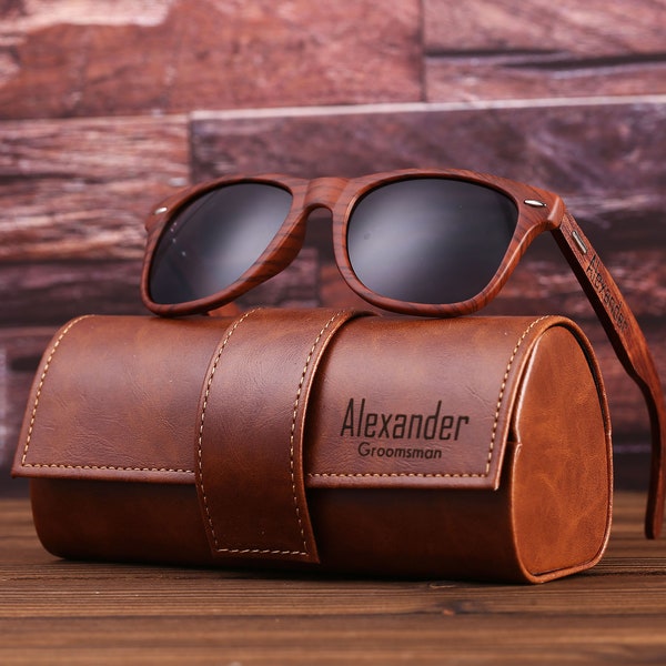 Personalisierte hölzerne Sonnenbrille mit Lederbox, gravierte Unisex-Sonnenbrille, Herren Geschenk, Trauzeugen Geschenk, Trauzeugen Sonnenbrillen, Bräutigam Geschenk