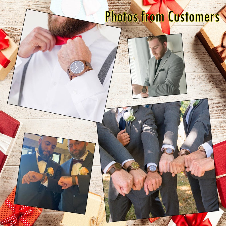 Op de afbeelding: Een groep mensen in pakken met houten pols horloges. De afbeelding bevat de tekst "Photos from Customers".