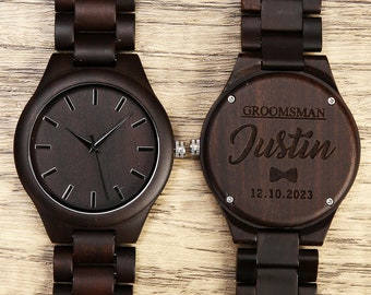 Engraved Groomsmen Gift, Personalized Ebony Wood Wooden Watch, Optional Wooden Box, Mens Watch, Best Man Gift, Father Day Gift, Mens Gift