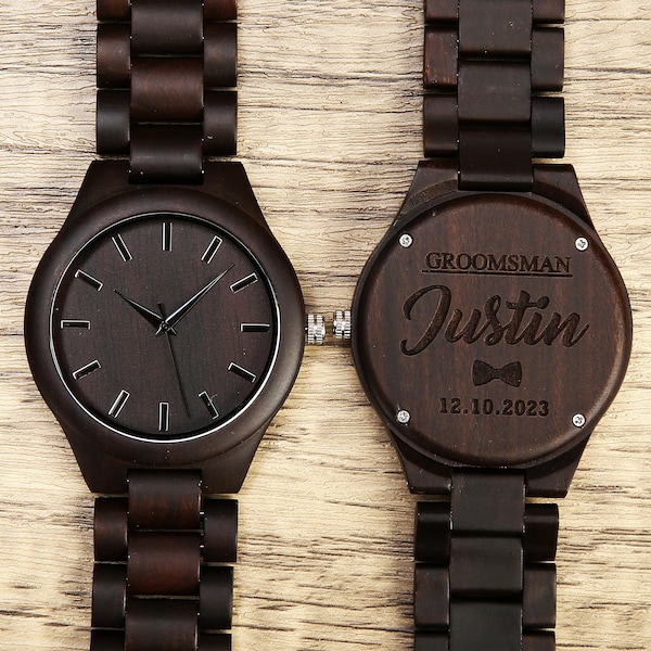 Engraved Groomsmen Gift, Personalized Ebony Wood Wooden Watch, Optional Wooden Box, Mens Watch, Best Man Gift, Father Day Gift, Mens Gift