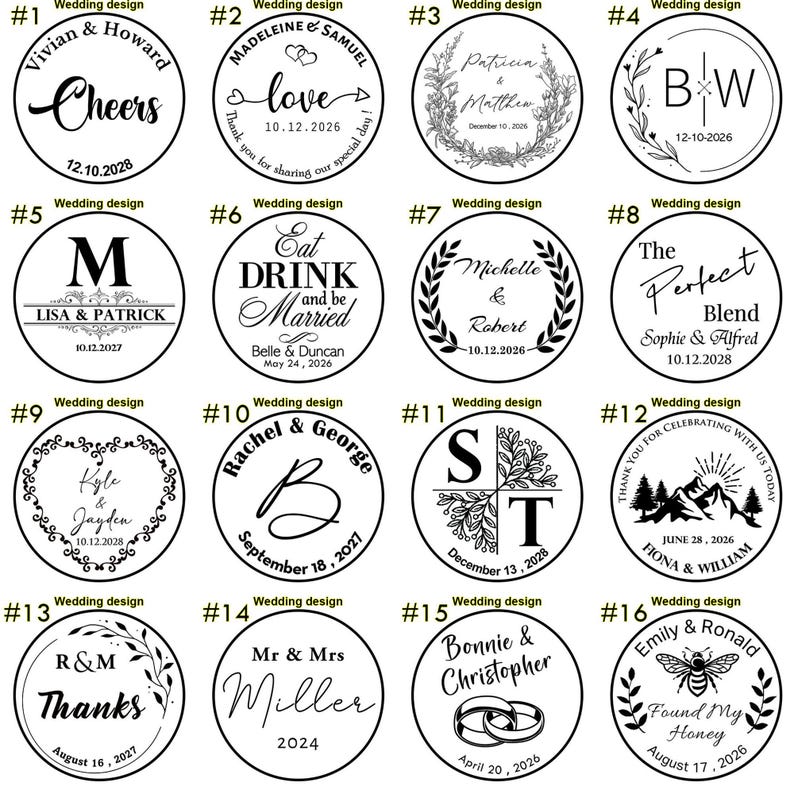 May include: A set of 16 round wooden stamps with various wedding designs. Each stamp features a different design, including names, dates, and illustrations. The stamps are black and white and have a rustic, vintage look.