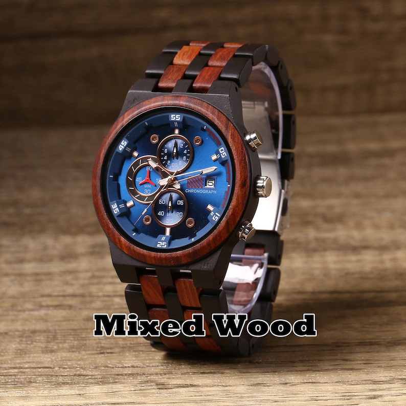 May include: A chronograph wristwatch with a blue face and black and red accents. The watch has a wooden band with a mixed wood design.