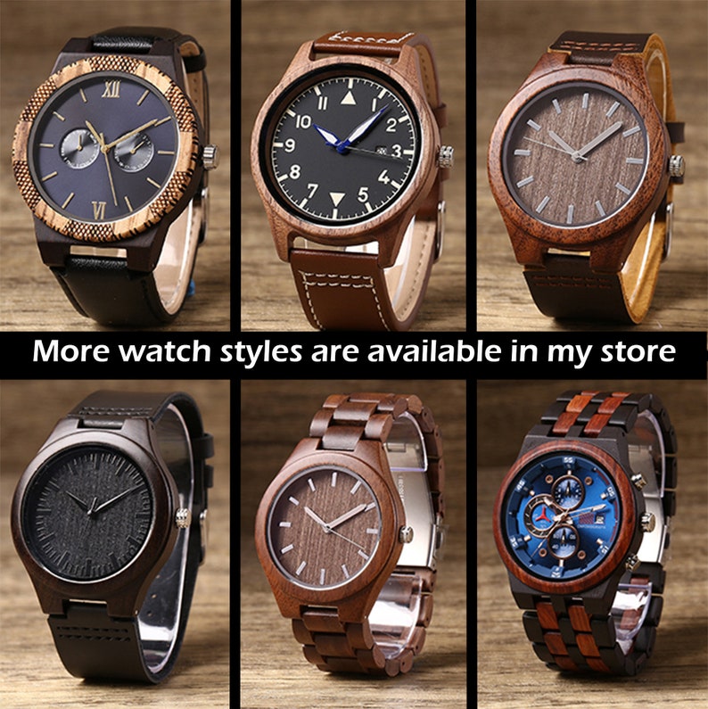 May include: Six different styles of wooden wristwatches with various dial colors and designs. The watches have brown leather or wooden bands.  More watch styles are available in my store.