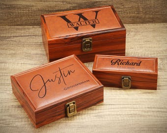 Personalized Groomsman Gift Box - Custom Wood and Leather Proposal Box - Best Man Keepsake - Cigarettes case with Velvet Lining