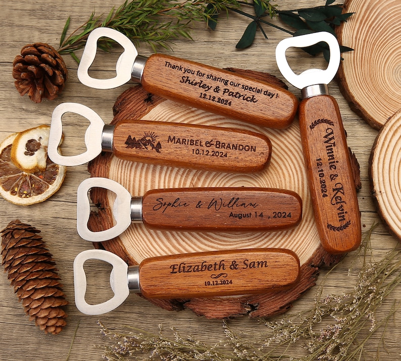 5 10 50 Bulk Custom Wooden Bottle Opener, Wedding Favors for Guests, Personalized Groomsmen Gift, Party Favors, Business Promotional Items image 1